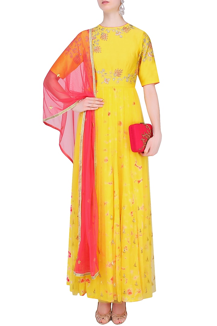 Mango yellow floral embroidered marble dyed anarkali set available only at Pernia's Pop Up Shop.