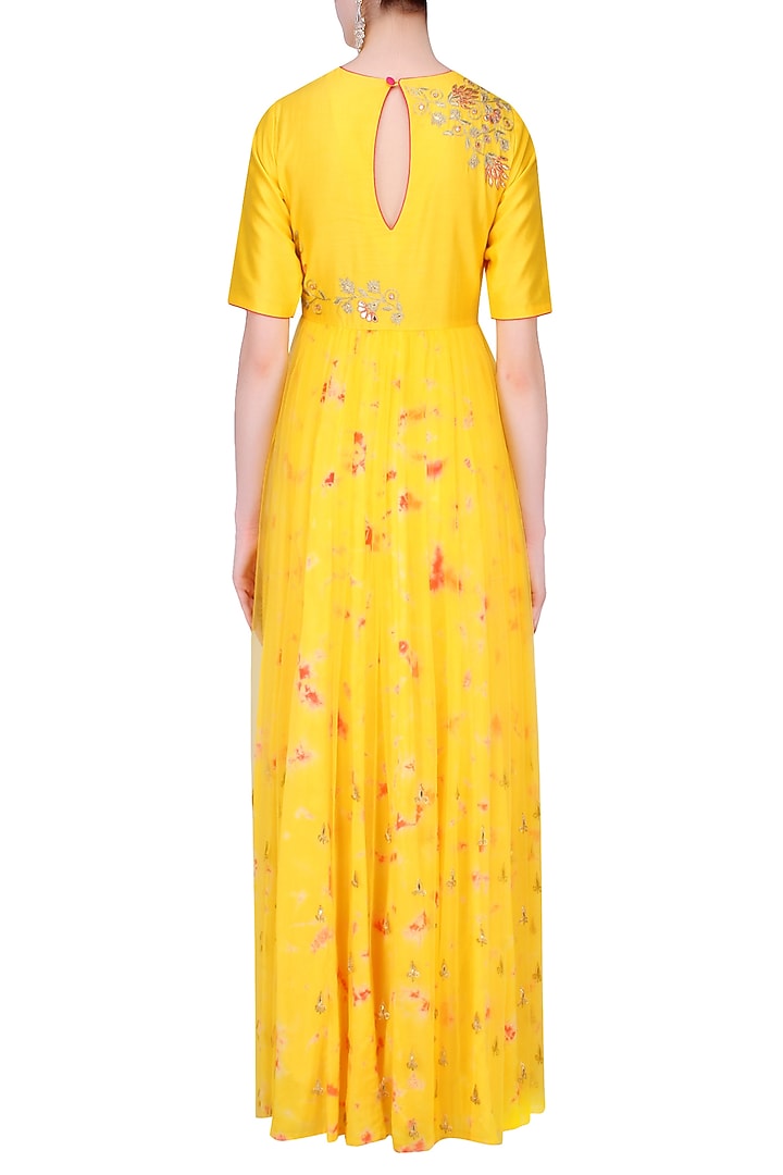Mango yellow floral embroidered marble dyed anarkali set available only at Pernia's Pop Up Shop.
