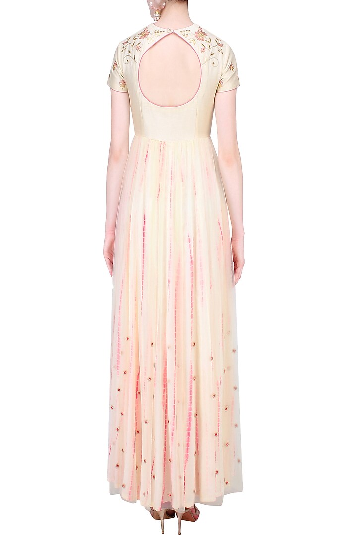 Off white floral embroidered shibori anarkali set available only at Pernia's Pop Up Shop.