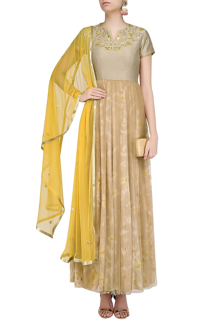Dark beige floral embroidered marble dyed anarkali set available only at Pernia's Pop Up Shop.