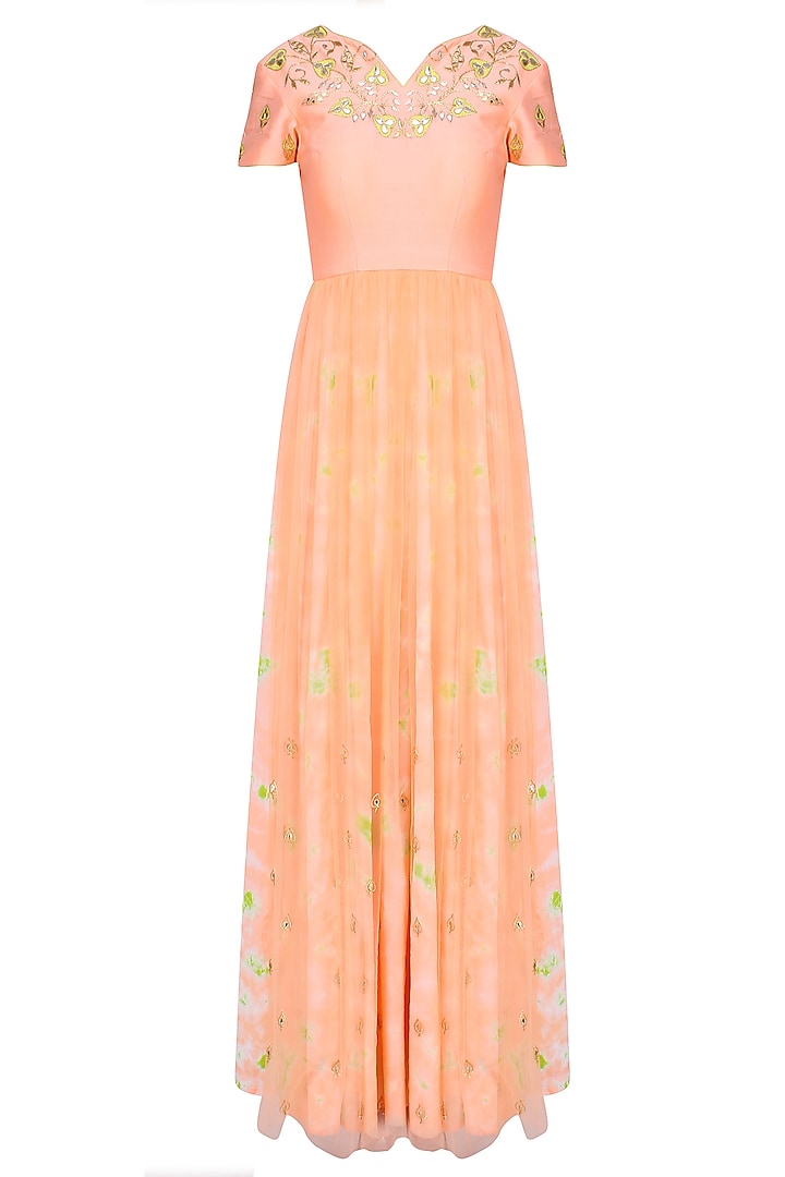 Peach floral embroidered marble dyed anarkali set available only at Pernia's Pop Up Shop.