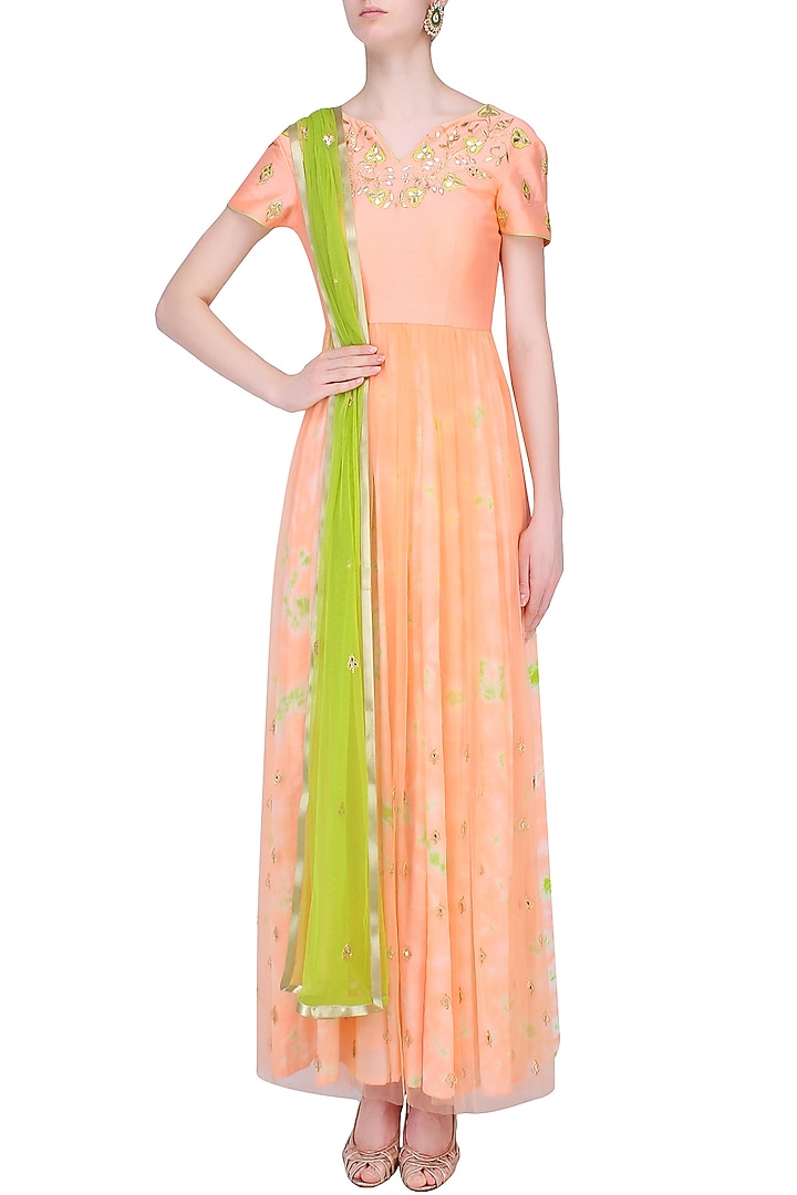 Peach floral embroidered marble dyed anarkali set available only at Pernia's Pop Up Shop.