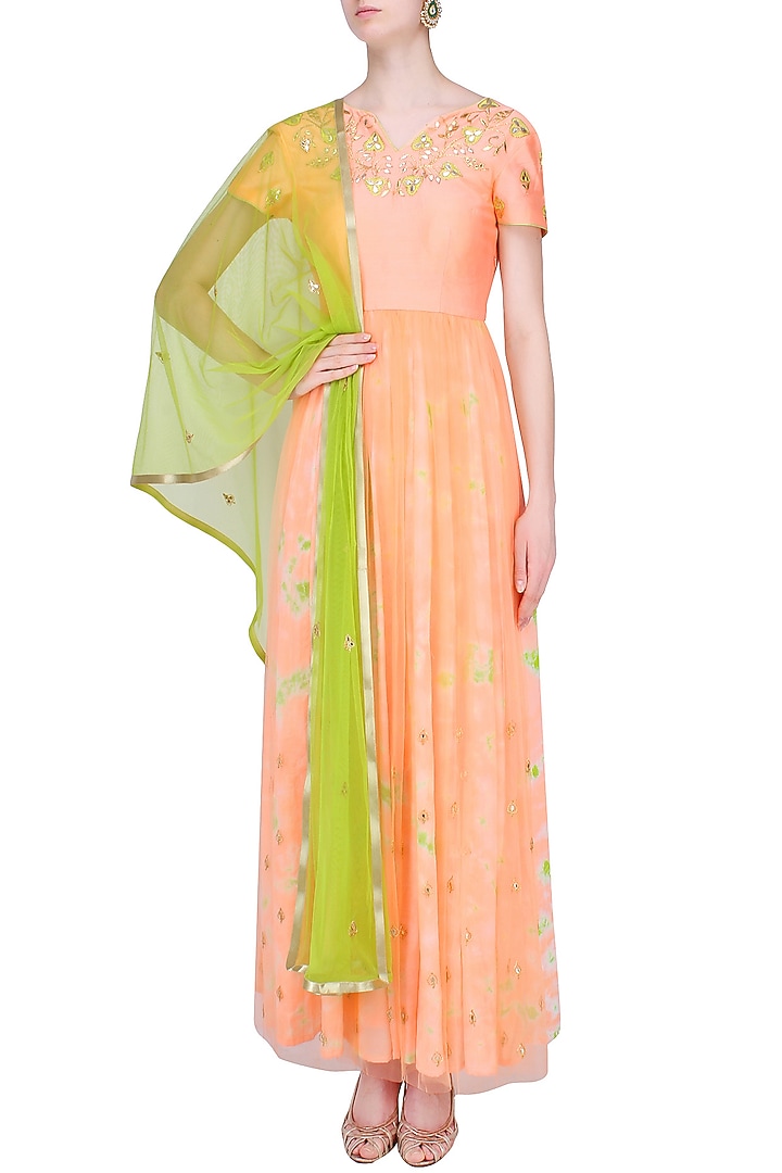 Peach floral embroidered marble dyed anarkali set available only at Pernia's Pop Up Shop.