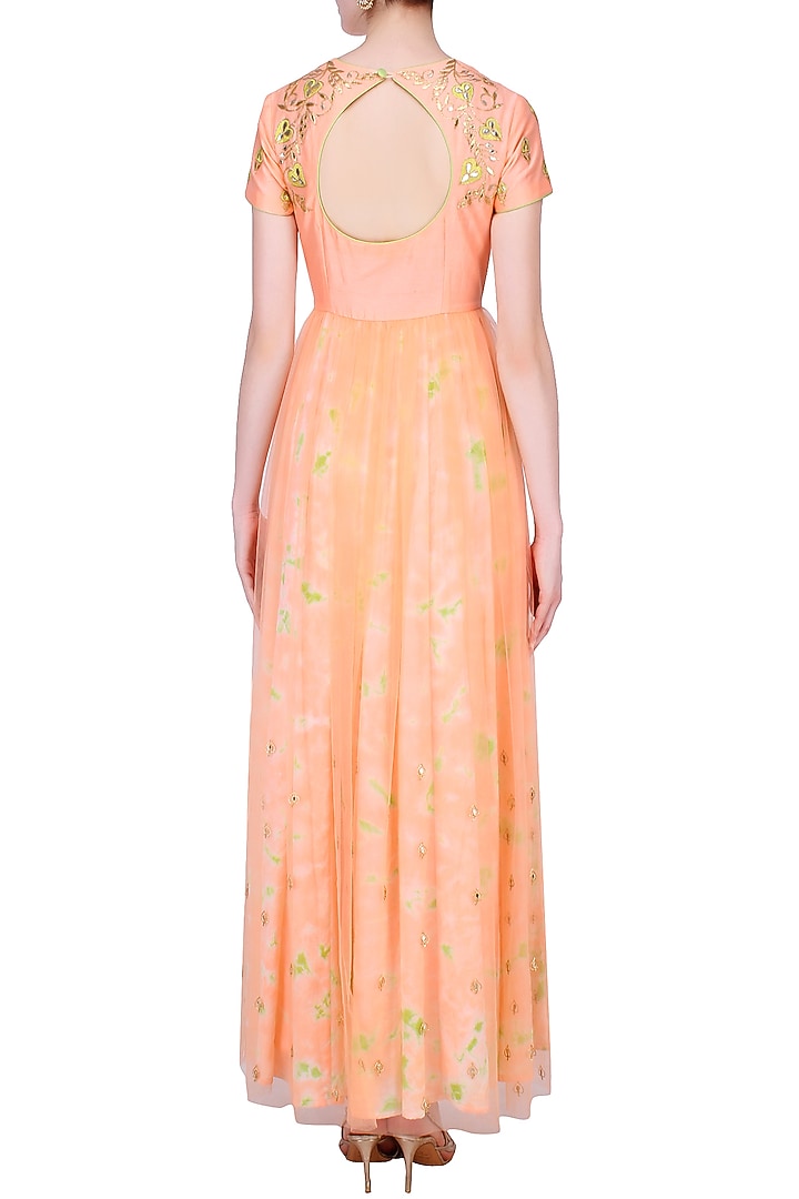 Peach floral embroidered marble dyed anarkali set available only at Pernia's Pop Up Shop.