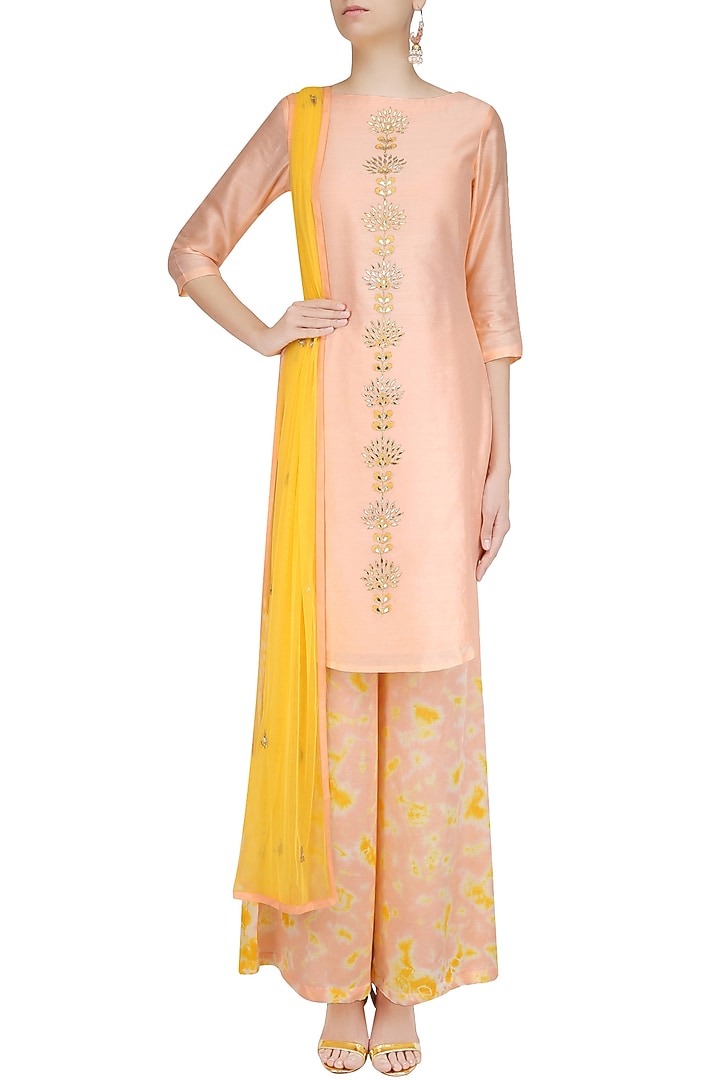 Peach gota patti work kurta set with palazzo pants available only at Pernia's Pop Up Shop.