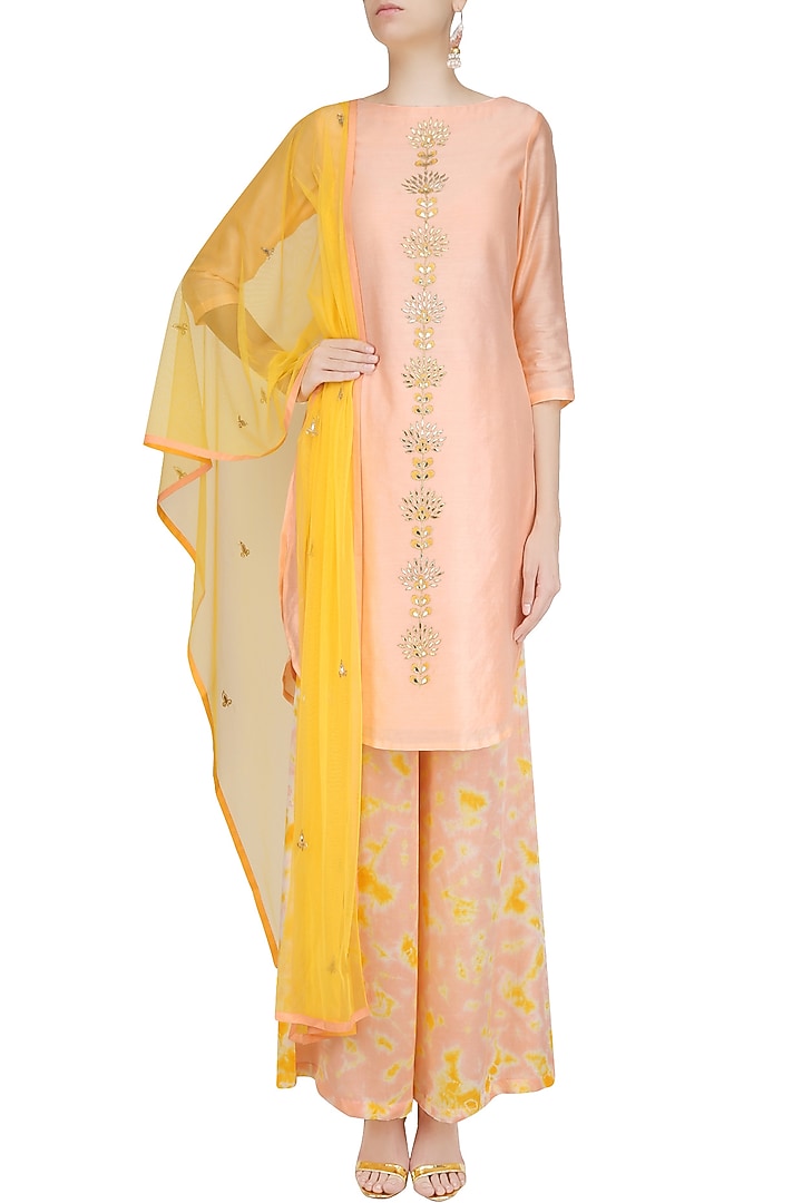 Peach gota patti work kurta set with palazzo pants available only at Pernia's Pop Up Shop.