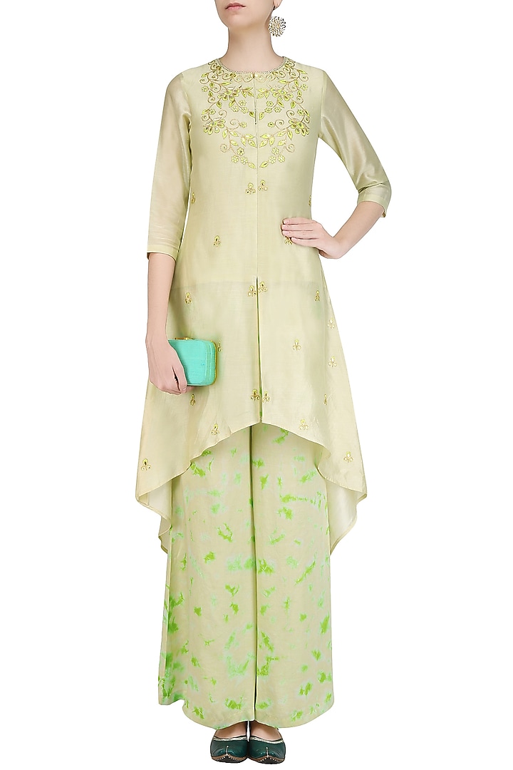 Off white gota patti work C cut kurta with green palazzo pants available only at Pernia's Pop Up Shop.