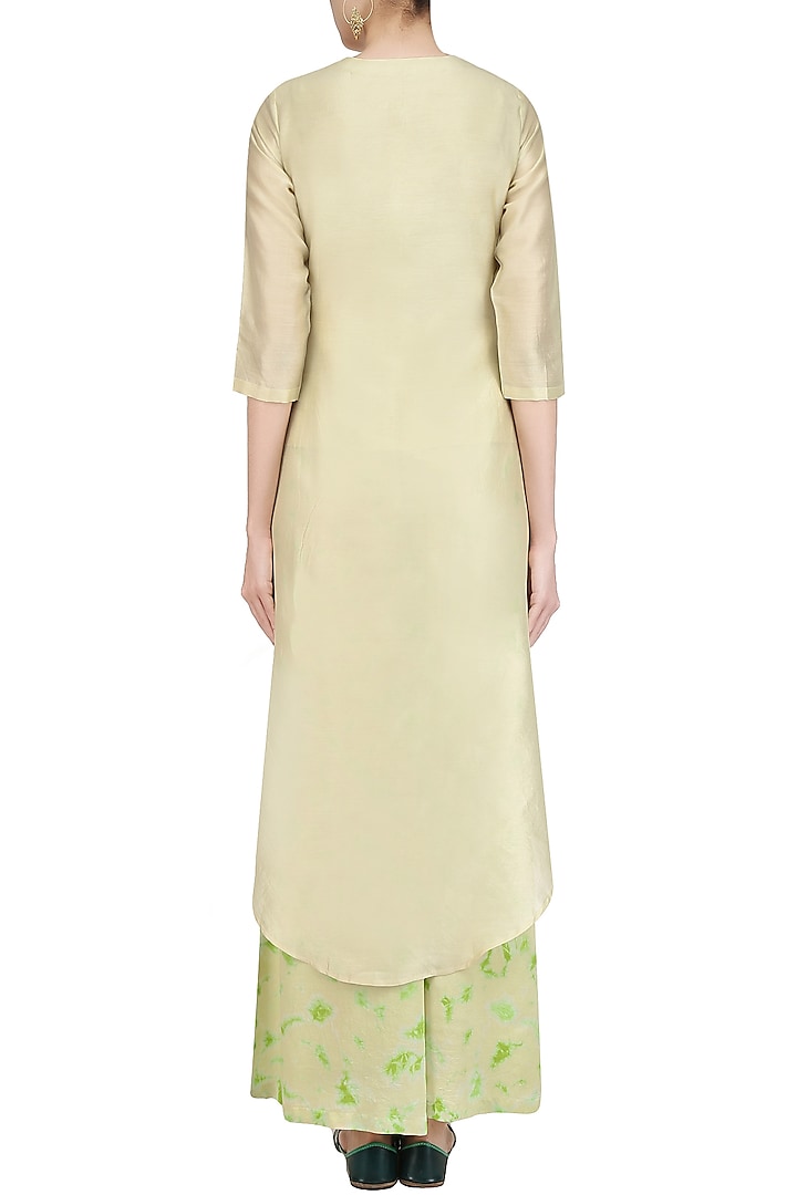 Off white gota patti work C cut kurta with green palazzo pants available only at Pernia's Pop Up Shop.