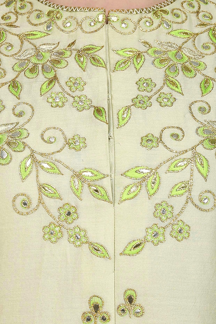 Off white gota patti work C cut kurta with green palazzo pants available only at Pernia's Pop Up Shop.
