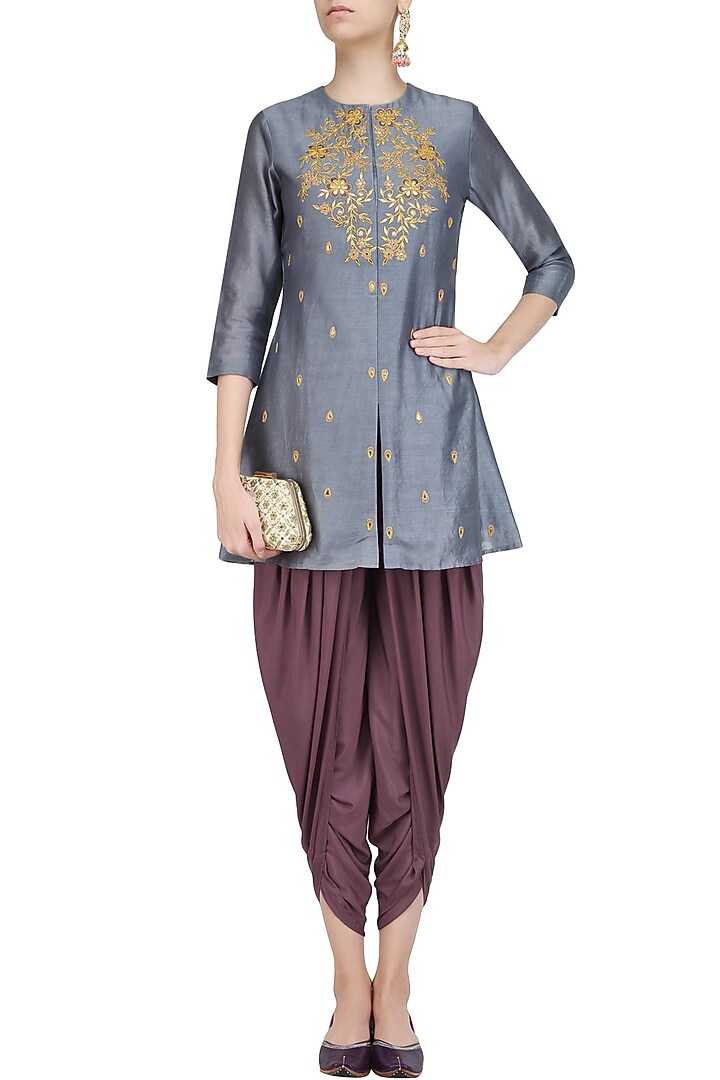 Dark grey thread embroidered kurta with dhoti pants available only at Pernia's Pop Up Shop.