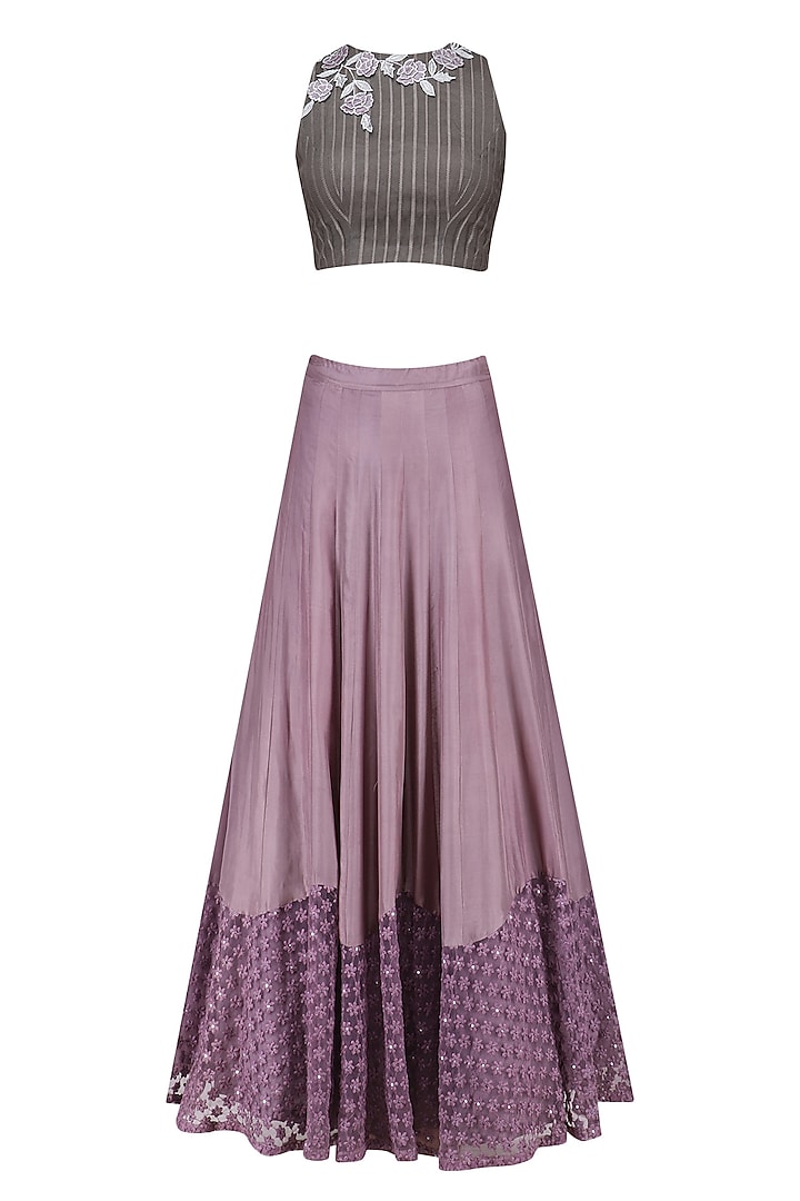 Grey Floral Apllique Work Crop Top and Lilac Skirt Set by K-ANSHIKA Jaipur