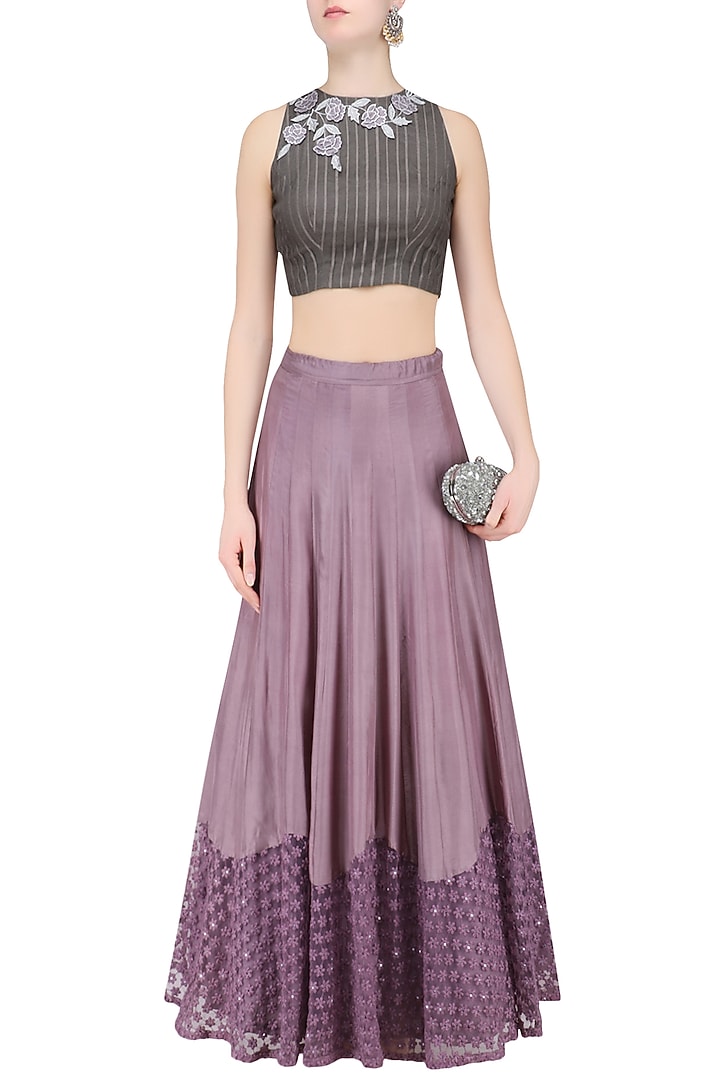Grey floral apllique work crop top and lilac skirt set available only at Pernia's Pop Up Shop.