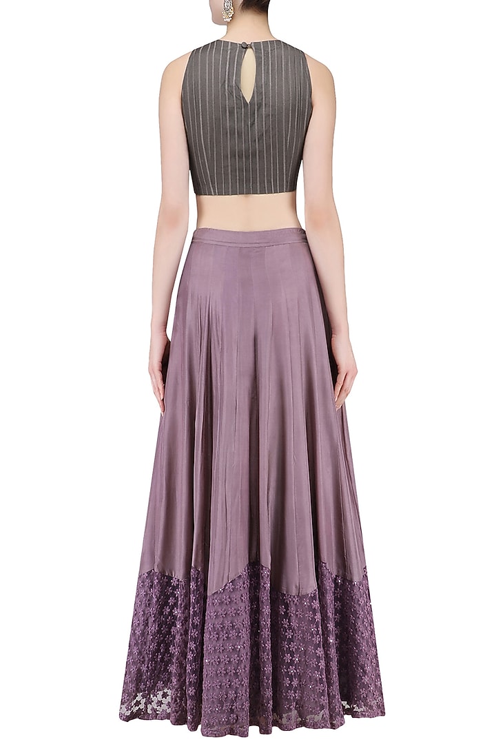 Grey floral apllique work crop top and lilac skirt set available only at Pernia's Pop Up Shop.