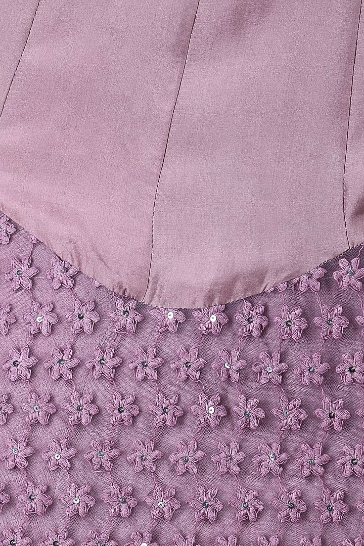 Grey floral apllique work crop top and lilac skirt set available only at Pernia's Pop Up Shop.
