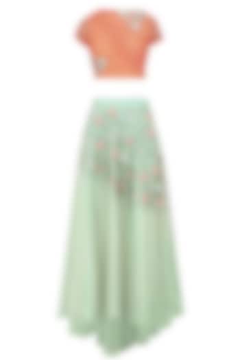 Peach 3D Floral Applique Work Crop Top with Mint Green Skirt by K-ANSHIKA Jaipur