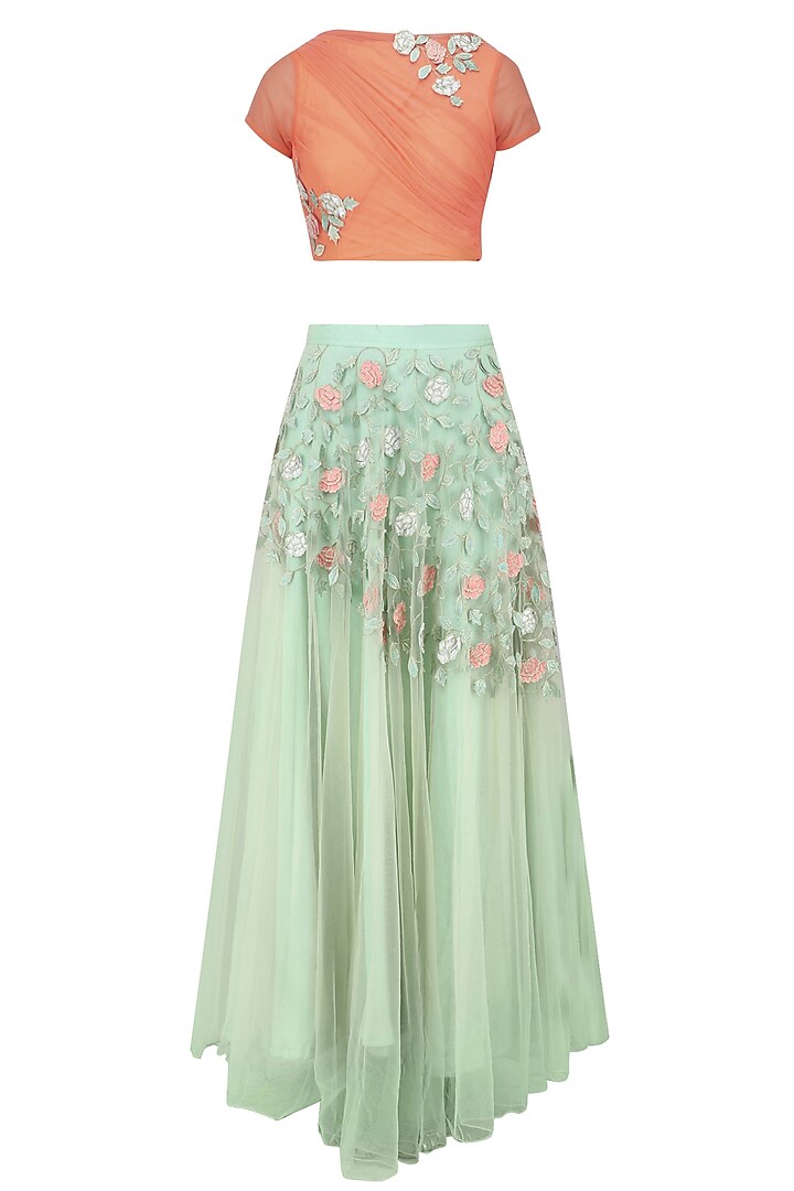 Peach 3D Floral Applique Work Crop Top with Mint Green Skirt by K-ANSHIKA Jaipur