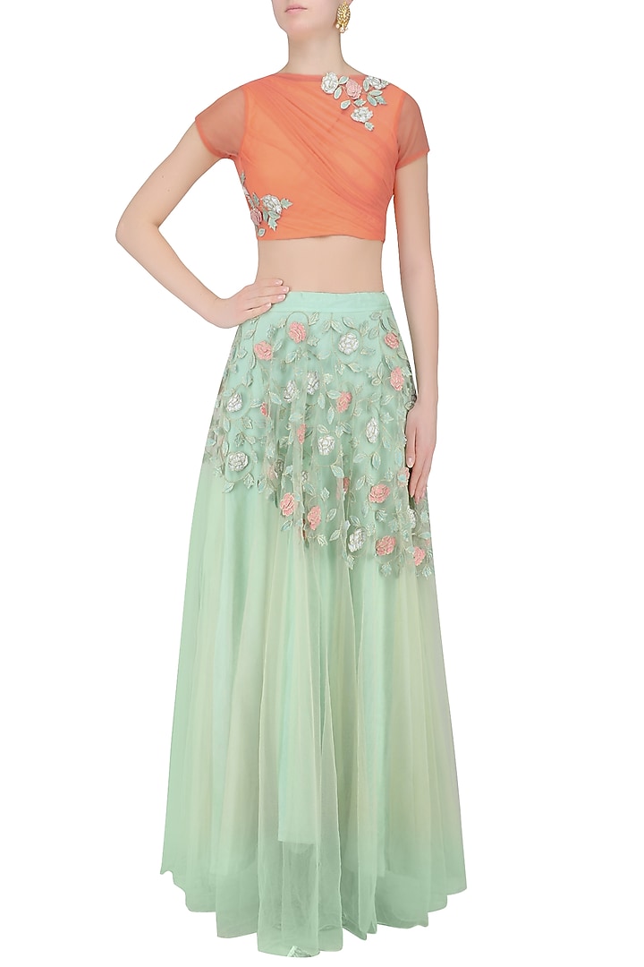 Peach 3D floral applique work crop top with mint green skirt available only at Pernia's Pop Up Shop.