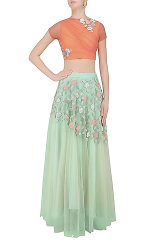 Peach 3D Floral Applique Work Crop Top with Mint Green Skirt by K-ANSHIKA Jaipur