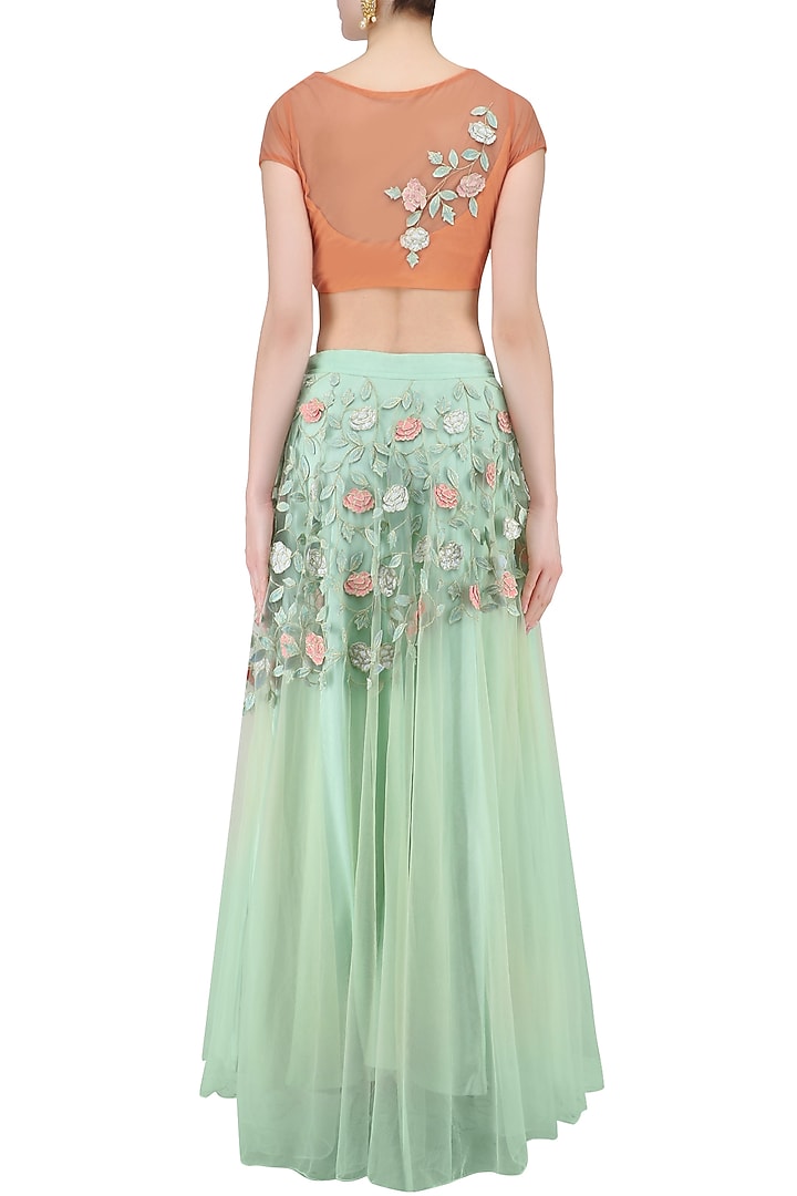 Peach 3D floral applique work crop top with mint green skirt available only at Pernia's Pop Up Shop.