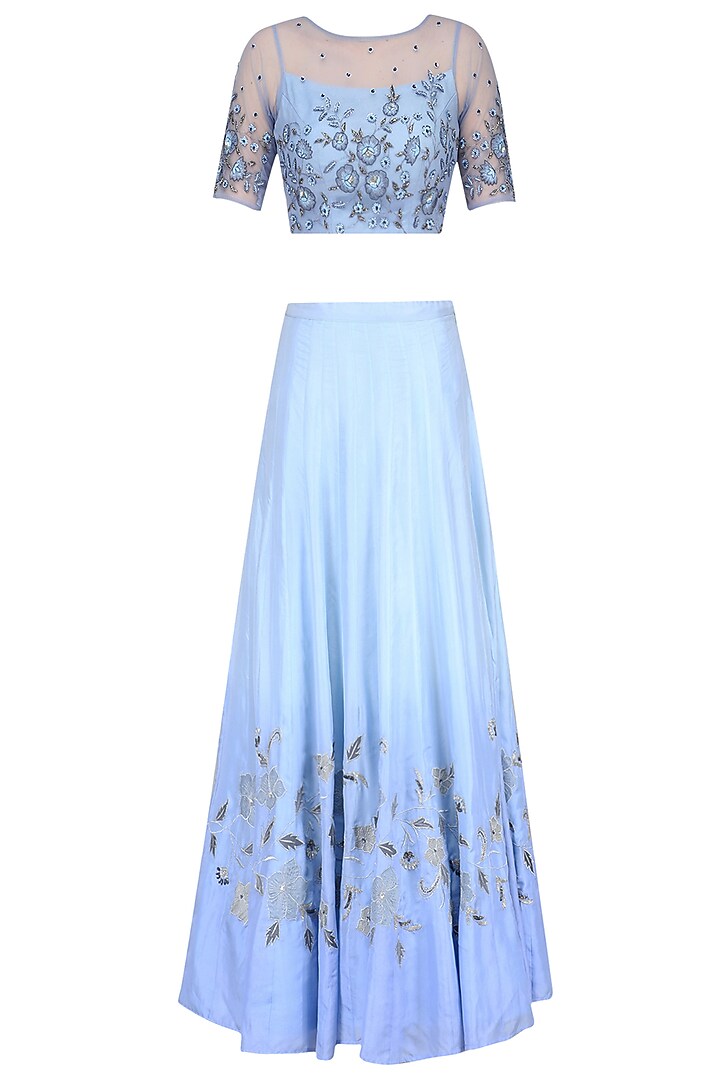 Powder Blue Floral Embroidered Crop Top and Ombre Shaded Skirt Set by K-ANSHIKA Jaipur