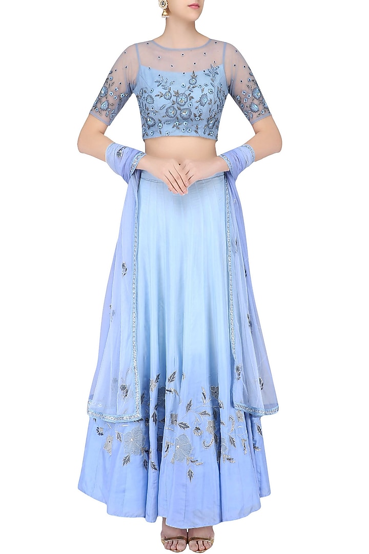 Powder blue floral embroidered crop top and ombre shaded skirt set available only at Pernia's Pop Up Shop.