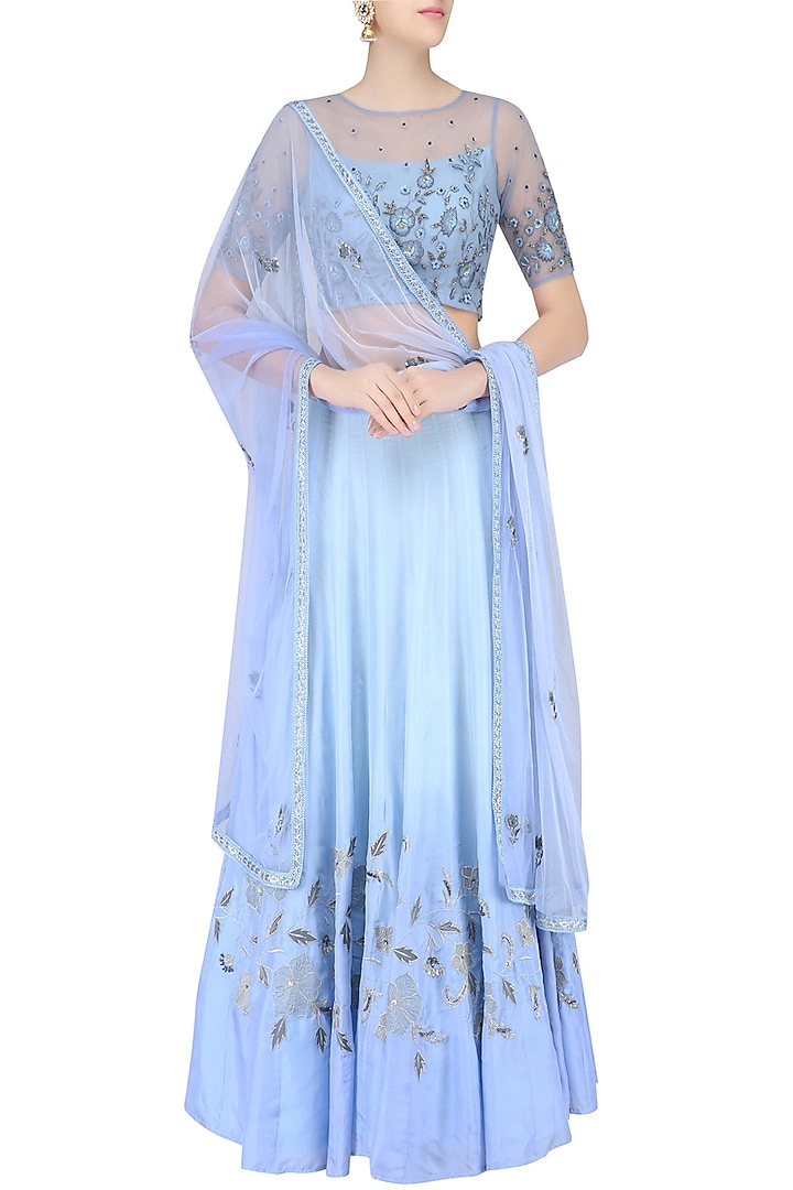 Powder blue floral embroidered crop top and ombre shaded skirt set available only at Pernia's Pop Up Shop.