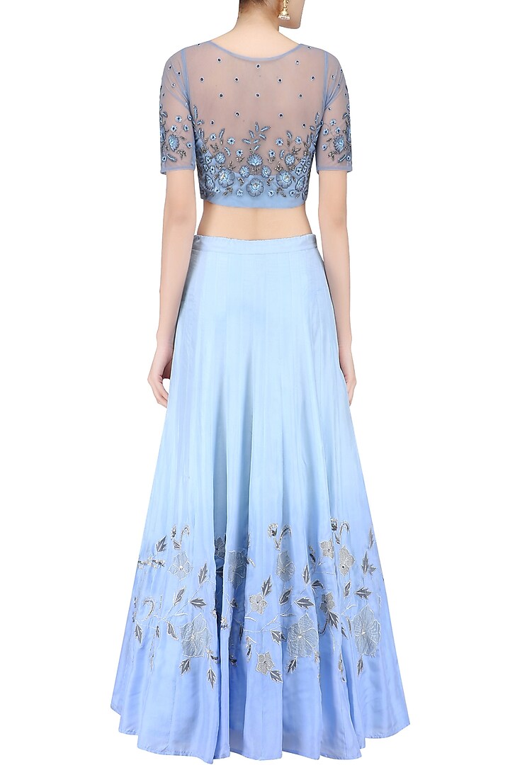 Powder blue floral embroidered crop top and ombre shaded skirt set available only at Pernia's Pop Up Shop.