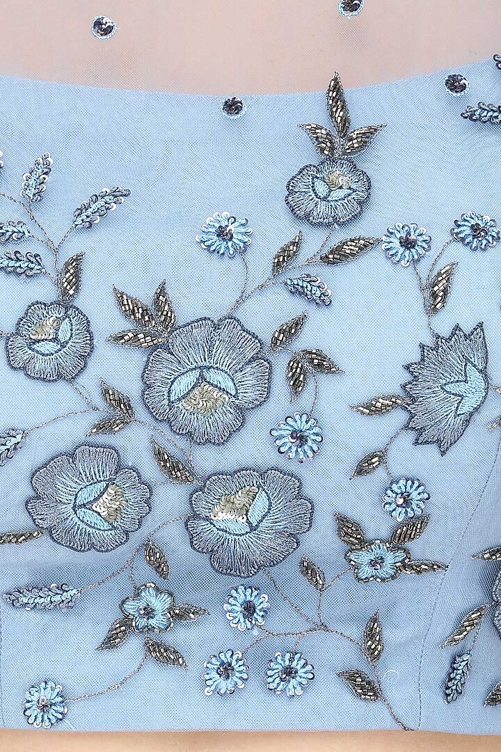 Powder blue floral embroidered crop top and ombre shaded skirt set available only at Pernia's Pop Up Shop.