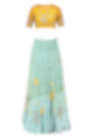 Mustard Yellow Floral Embroidered Crop Top and Aqua Blue Skirt Set by K-ANSHIKA Jaipur