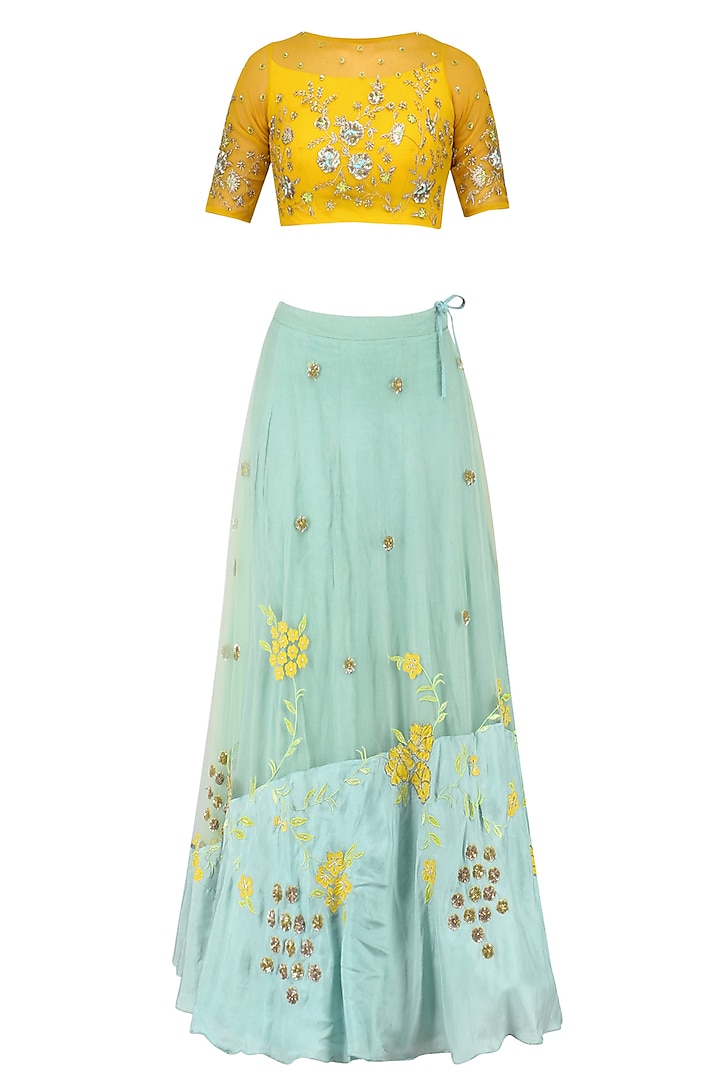 Mustard Yellow Floral Embroidered Crop Top and Aqua Blue Skirt Set by K-ANSHIKA Jaipur