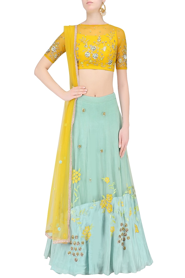 Mustard yellow floral embroidered crop top and aqua blue skirt set available only at Pernia's Pop Up Shop.