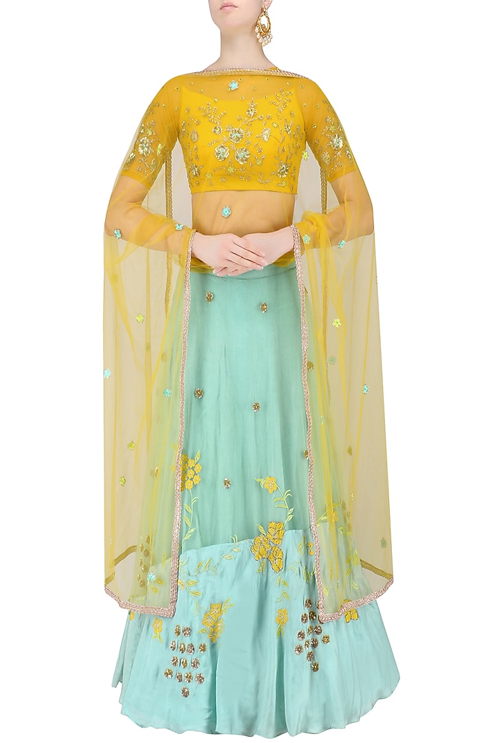 Mustard yellow floral embroidered crop top and aqua blue skirt set available only at Pernia's Pop Up Shop.