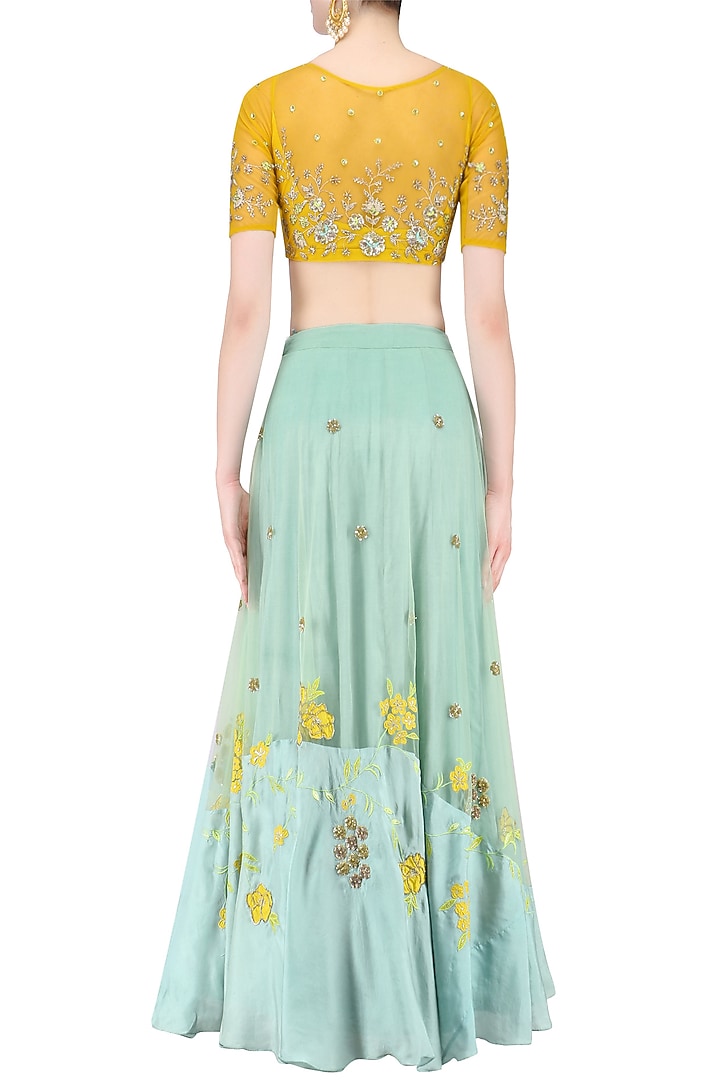 Mustard yellow floral embroidered crop top and aqua blue skirt set available only at Pernia's Pop Up Shop.