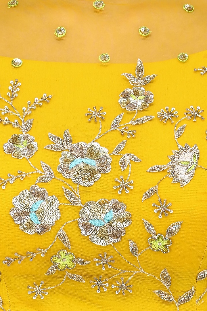 Mustard yellow floral embroidered crop top and aqua blue skirt set available only at Pernia's Pop Up Shop.