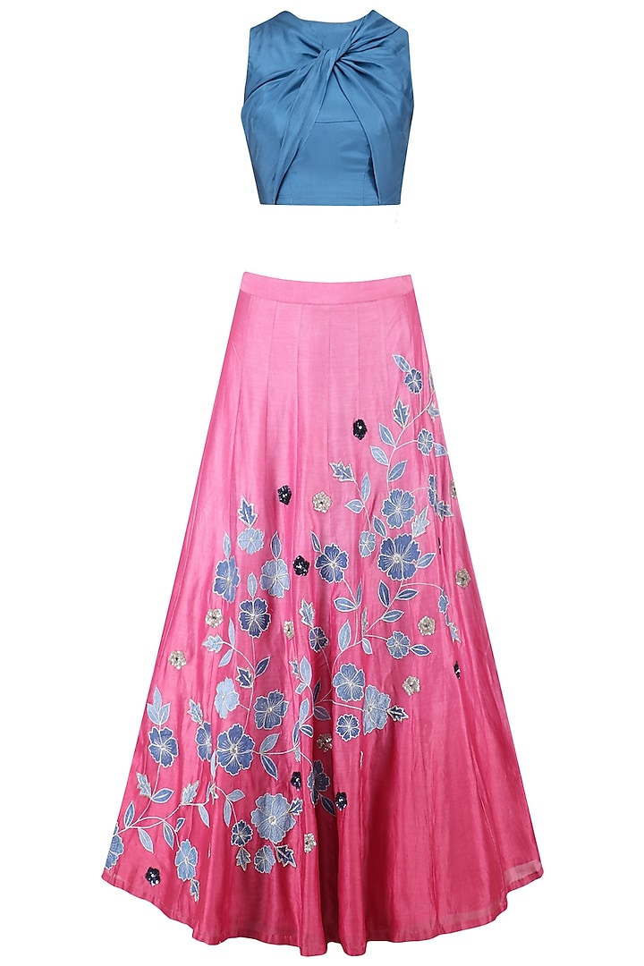 Stone Blue Twisted Crop Top with Onion Pink Floral Work Skirt by K-ANSHIKA Jaipur