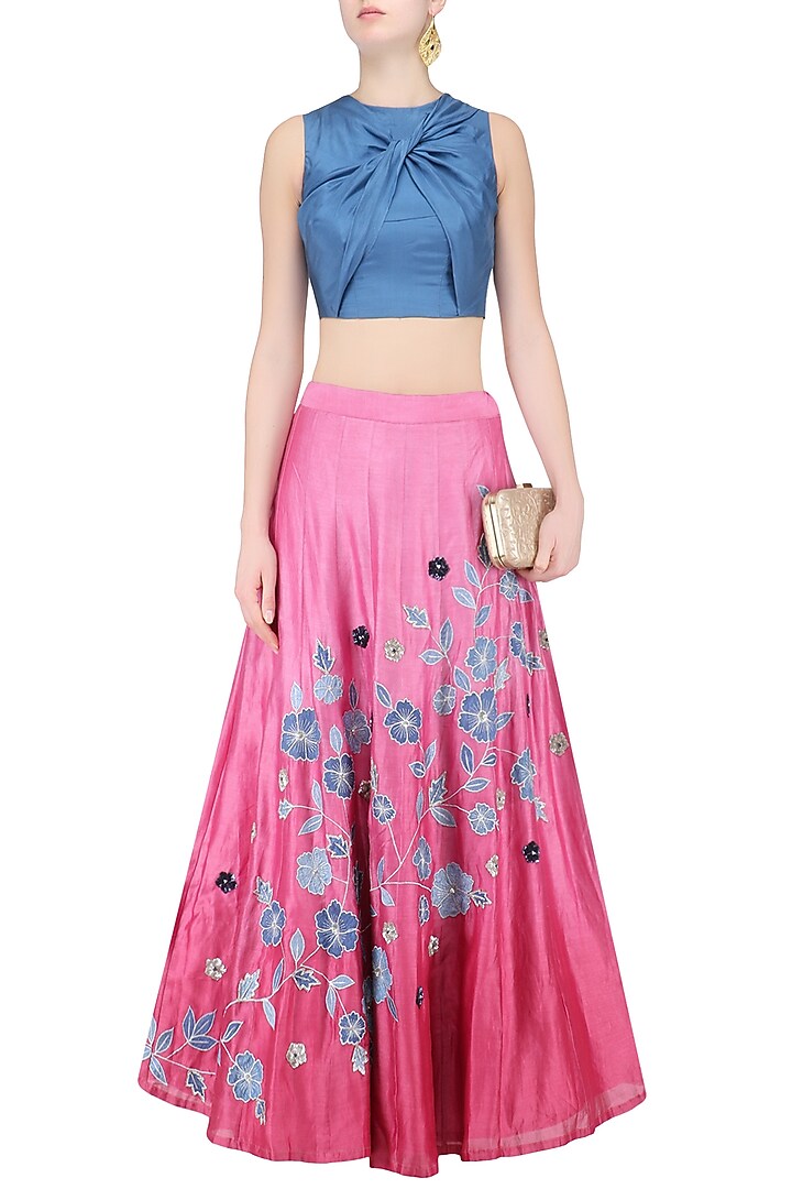Stone blue twisted crop top with onion pink floral work skirt available only at Pernia's Pop Up Shop.