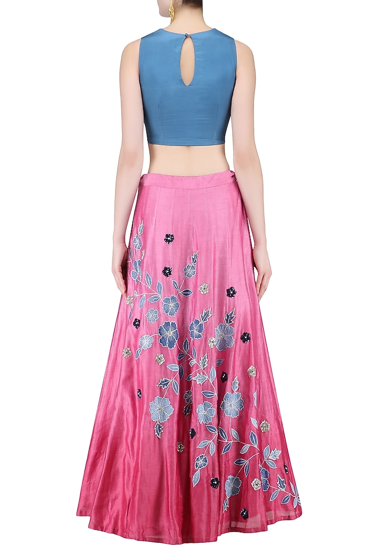 Stone blue twisted crop top with onion pink floral work skirt available only at Pernia's Pop Up Shop.