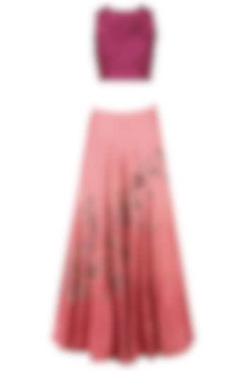 Maroon Crossover Crop Top with Dusty Rose Ombre Shaded Skirt by K-ANSHIKA Jaipur
