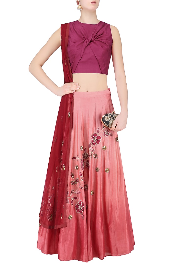 Maroon crossover crop top with dusty rose ombre shaded skirt available only at Pernia's Pop Up Shop.
