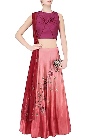 Maroon Crossover Crop Top with Dusty Rose Ombre Shaded Skirt by K-ANSHIKA Jaipur