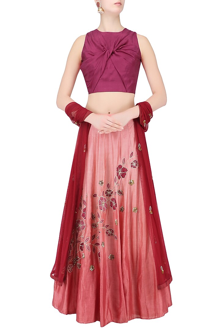 Maroon crossover crop top with dusty rose ombre shaded skirt available only at Pernia's Pop Up Shop.