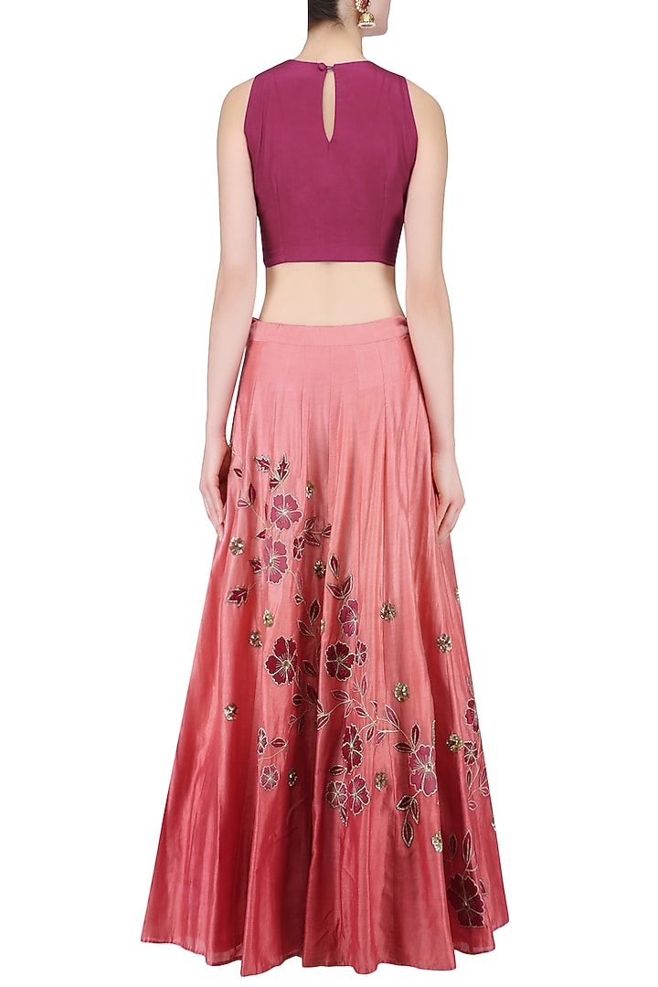 Maroon crossover crop top with dusty rose ombre shaded skirt available only at Pernia's Pop Up Shop.