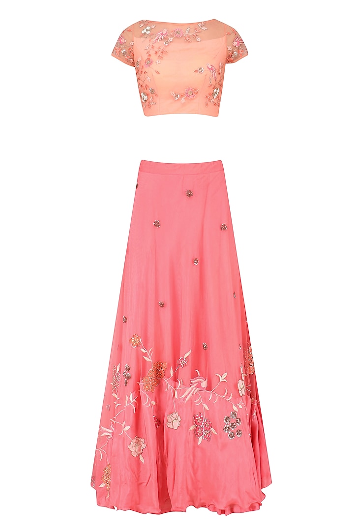 Peach Floral Embroidered Crop Top with Rose Pink Skirt by K-ANSHIKA Jaipur