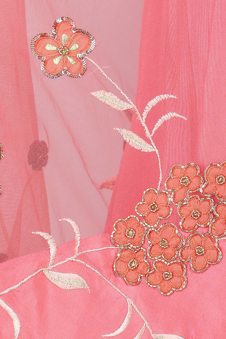 Peach floral embroidered crop top with rose pink skirt available only at Pernia's Pop Up Shop.