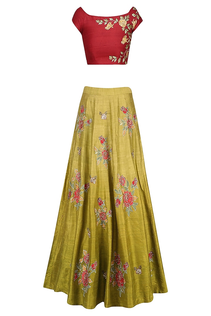 Red Floral Embroidered Crop Top with Olive Green Skirt by K-ANSHIKA Jaipur