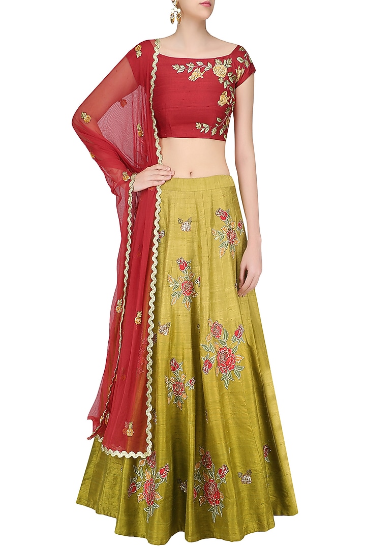 Red floral embroidered crop top with olive green skirt available only at Pernia's Pop Up Shop.