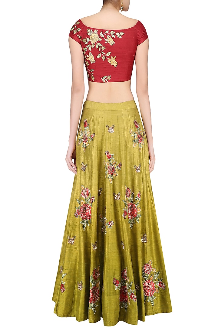 Red floral embroidered crop top with olive green skirt available