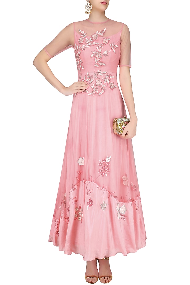 Pale pink floral embroidered flared gown available only at Pernia's Pop Up Shop.