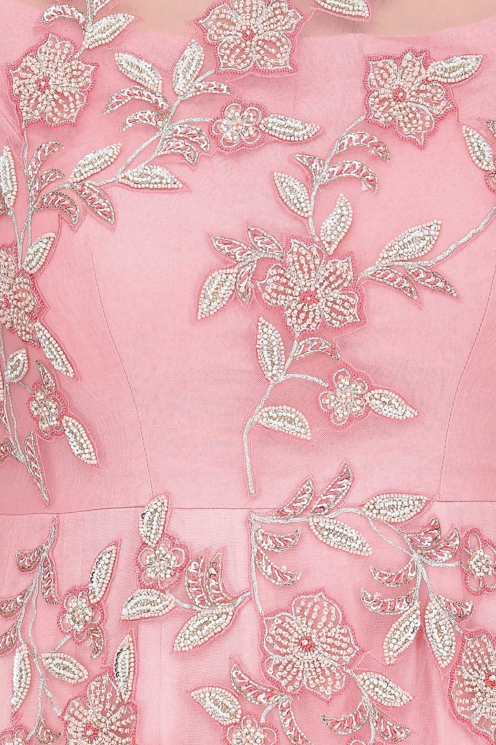 Pale pink floral embroidered flared gown available only at Pernia's Pop Up Shop.