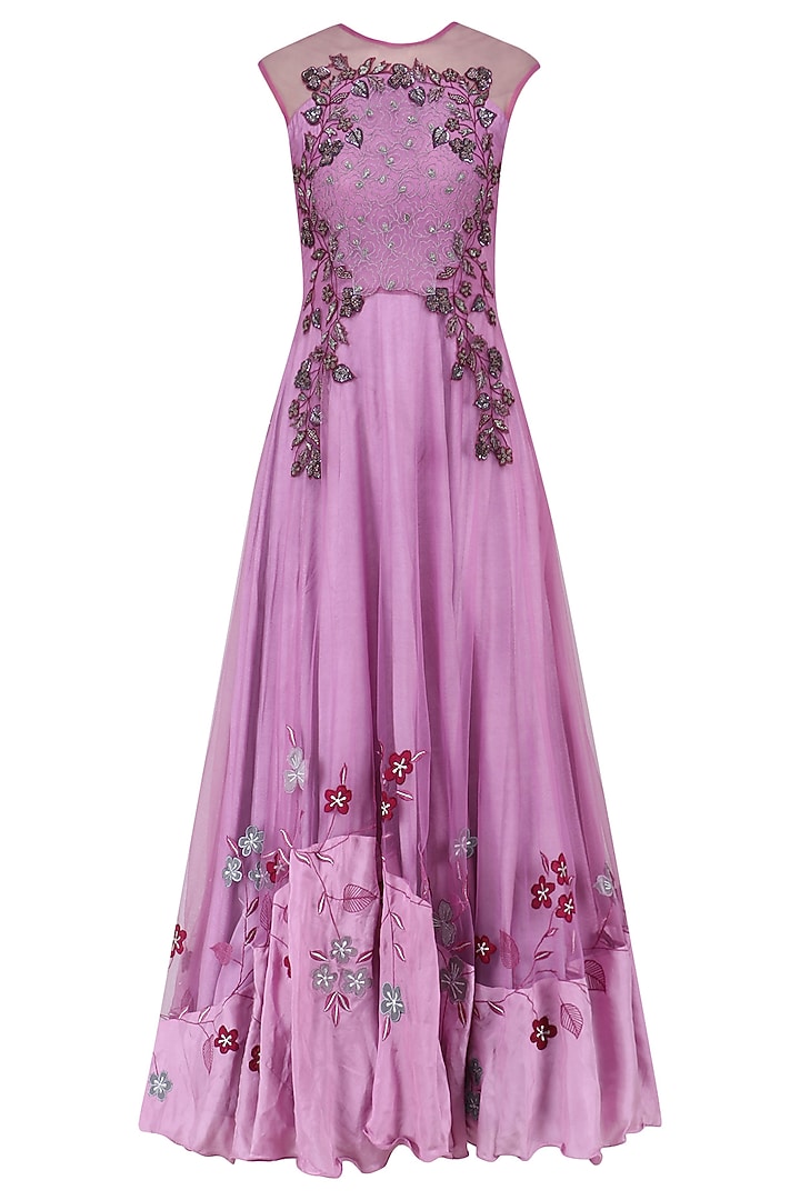 Purple floral embroidered flared gown available only at Pernia's Pop Up Shop.